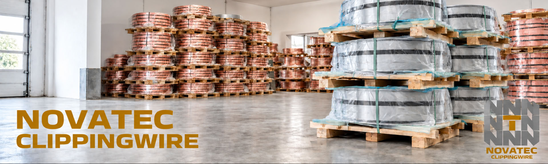 NOVATEC Clippingwire – Stahlbandrollen auf Paletten in der Lagerhalle